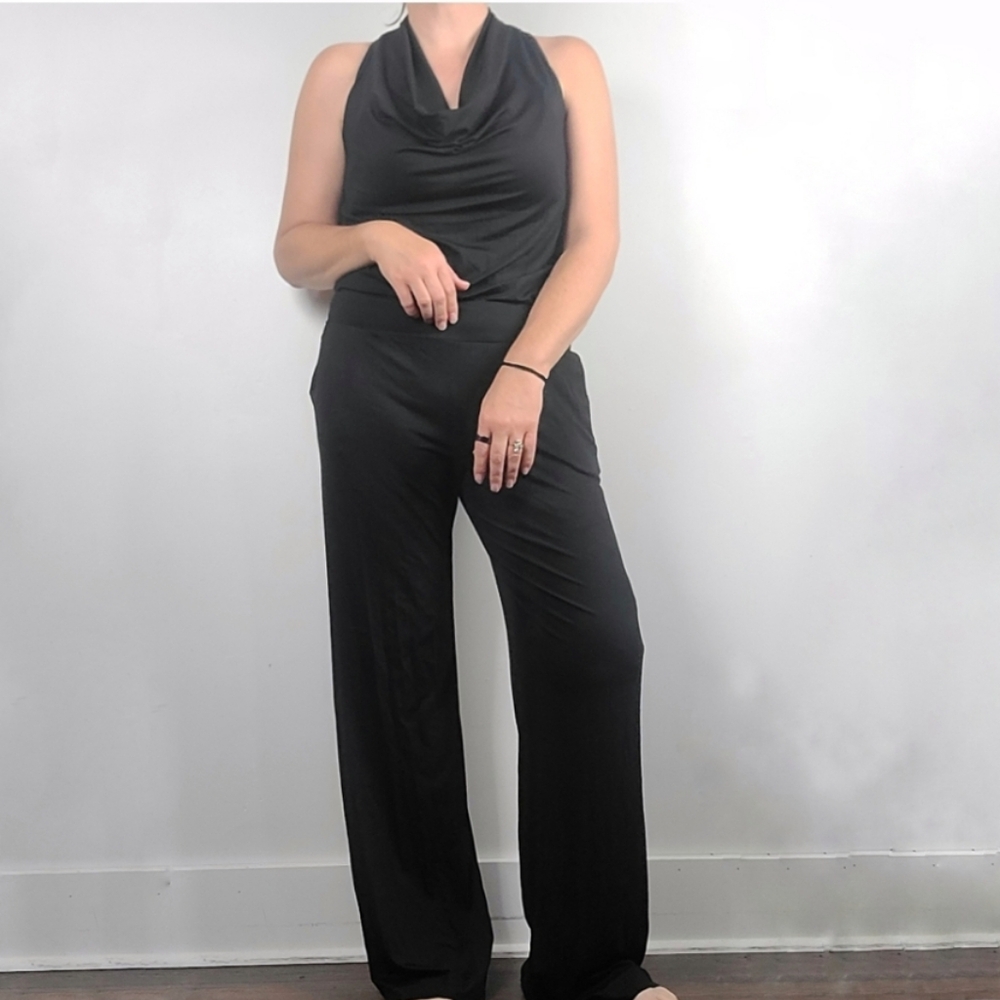 Trina Turk Black Cowl Neck Sleeveless Halter Jersey Wide Leg Pant Jumpsuit M